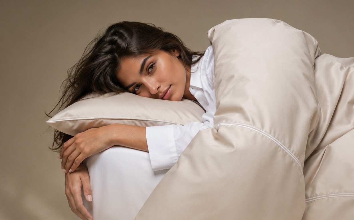 Lara & Co. model resting on organic cotton bed linen