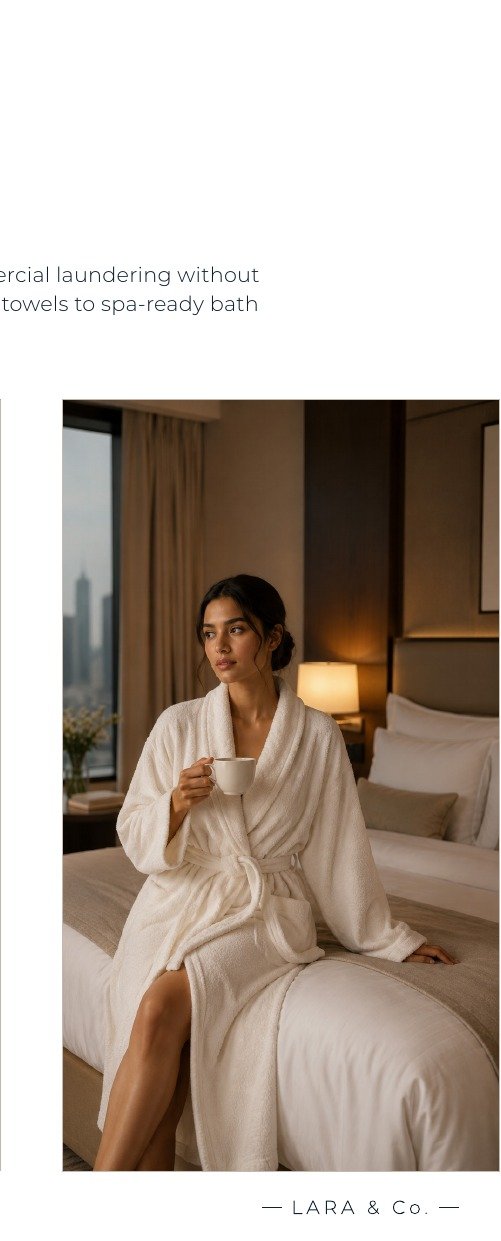 Lara & Co. model wearing a hospitality-grade robe